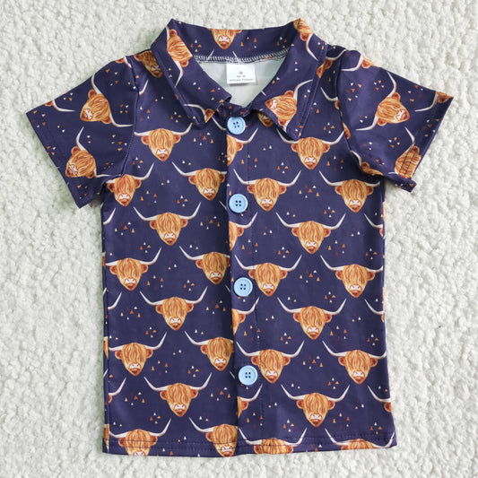 Kurzärmeliges Jungen-Sommerpoloshirt mit Highland-Rind-Motiv