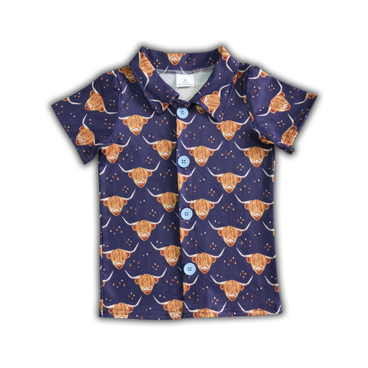 Kurzärmeliges Jungen-Sommerpoloshirt mit Highland-Rind-Motiv