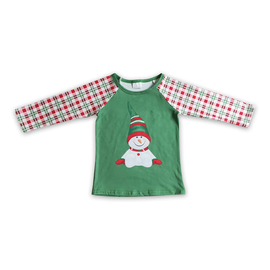 Grünes Schneemann-Karo-Kinder-Jungen-Weihnachts-Raglan-Shirt