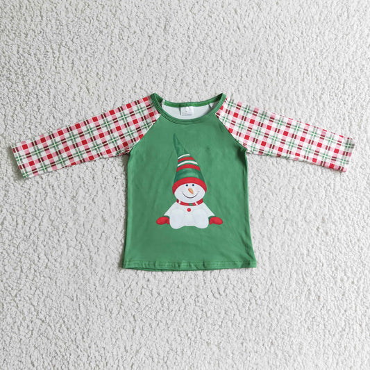 Grünes Schneemann-Karo-Kinder-Jungen-Weihnachts-Raglan-Shirt