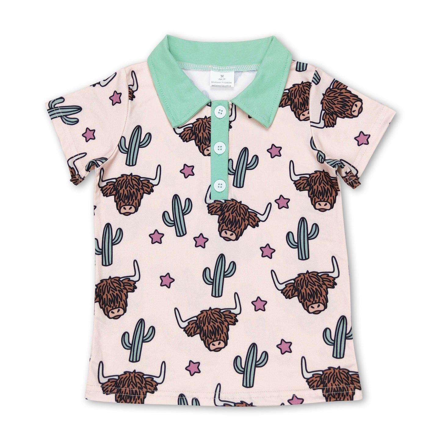 Kurzärmeliges Jungen-Sommerpoloshirt mit Hochlandrind-Kaktus-Motiv
