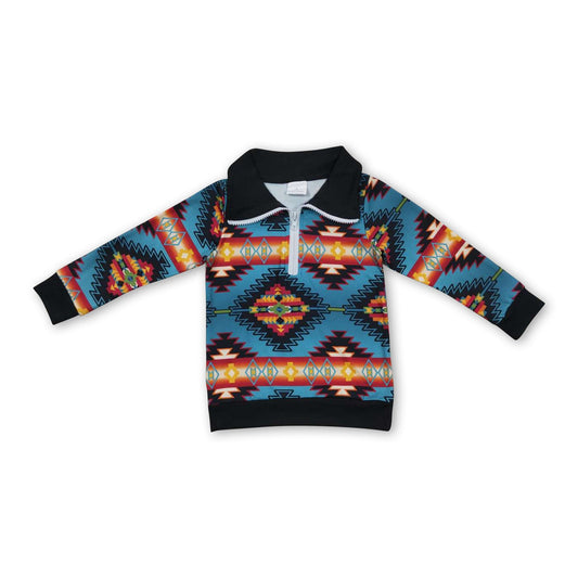 Türkiser Azteken-Pullover für Kinder mit Reißverschluss, Western-Stil, Langarm