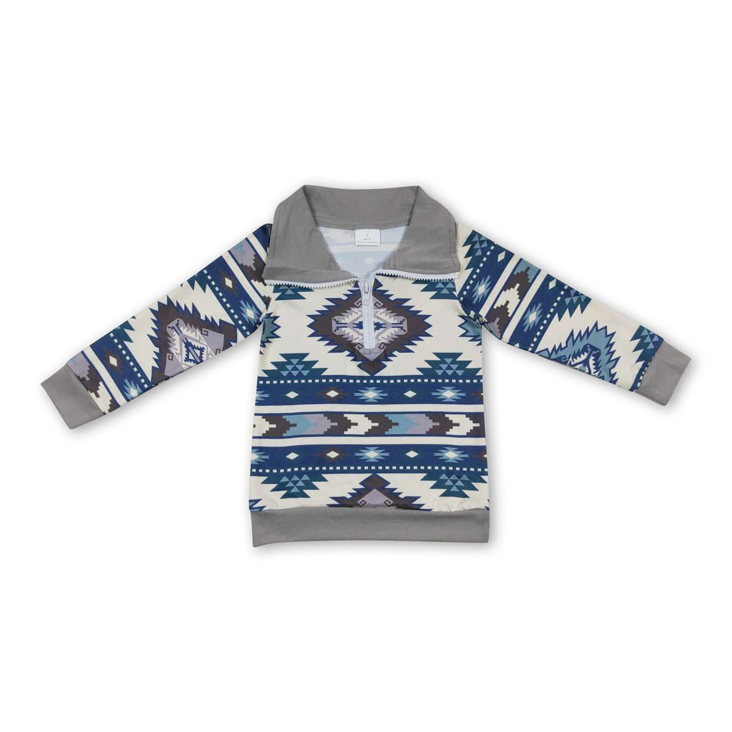 Blau-grauer Azteken-Pullover mit langen Ärmeln und Reißverschluss für Kinder im Western-Stil