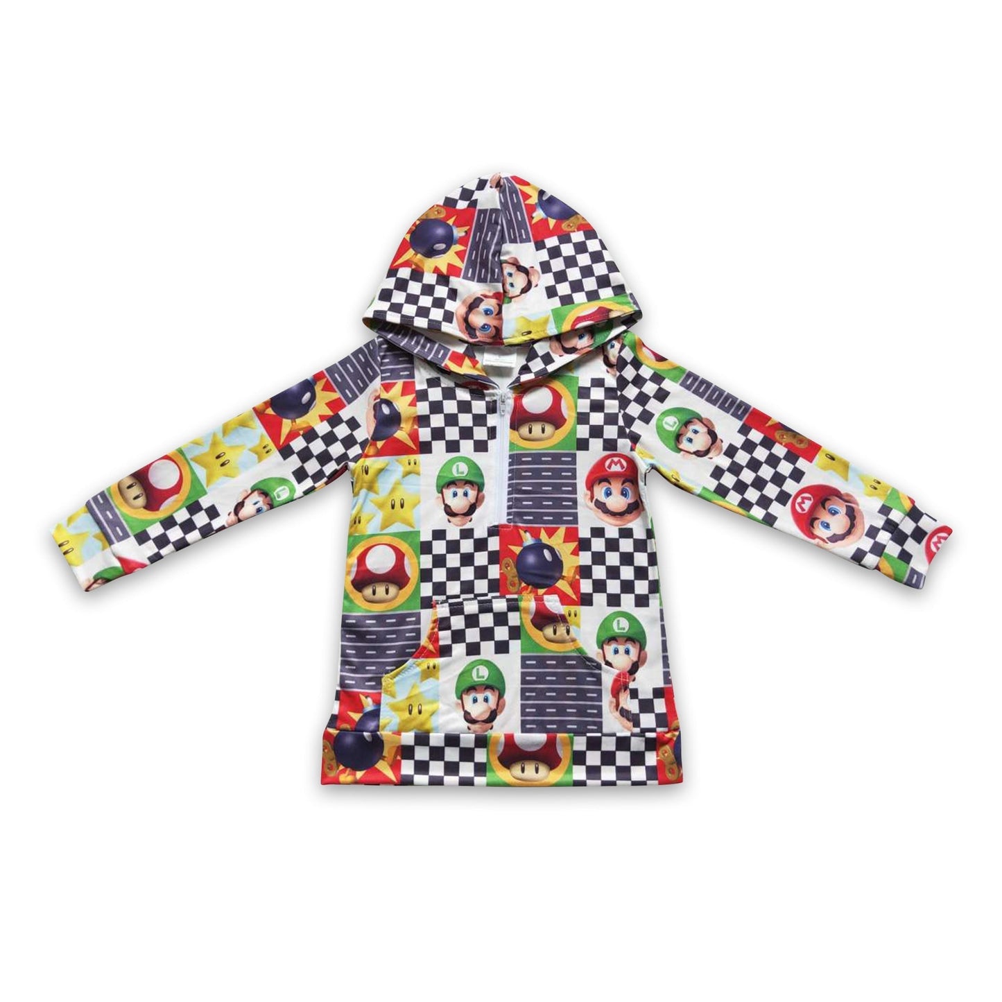 Schwarzer Plaid-Patchwork Game Boy Hoodie