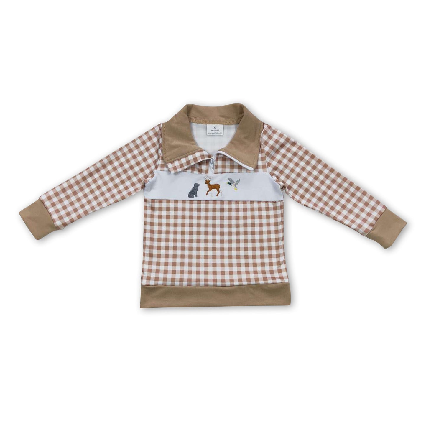 Khakifarbener karierter Hunde-Hirsch-Enten-Kinder-Jungen-Reißverschluss-Pullover