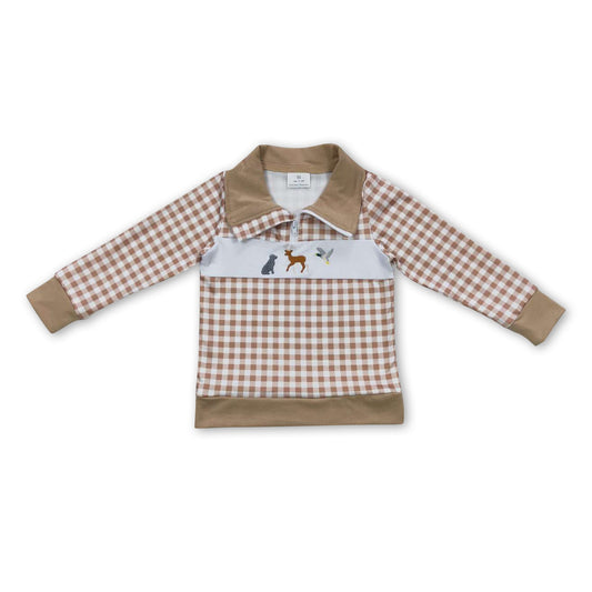 Khakifarbener karierter Hunde-Hirsch-Enten-Kinder-Jungen-Reißverschluss-Pullover
