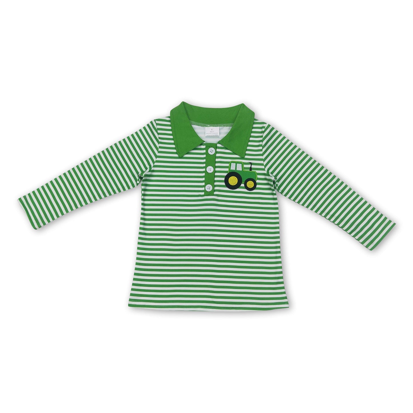 Langarm grünes Streifen-Traktor-Bauernhof-Jungen-Polohemd