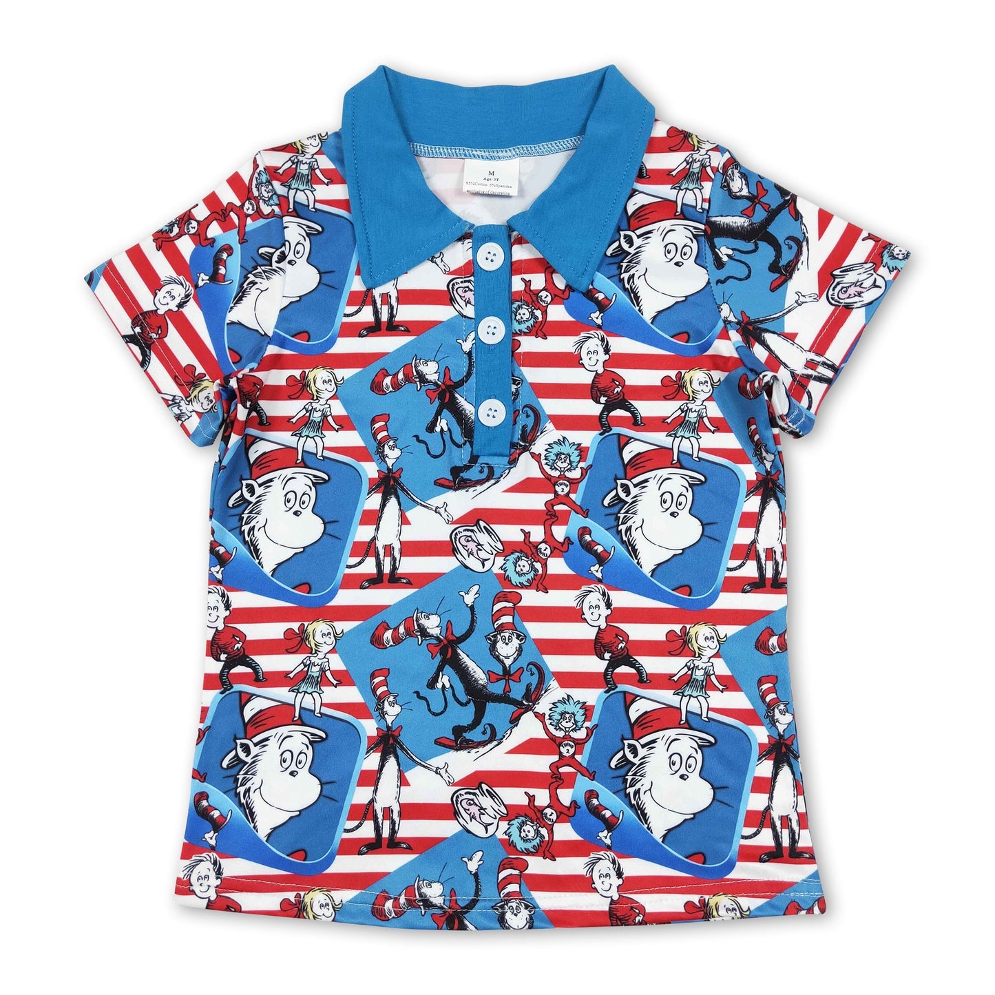 Blau-rot gestreiftes Kinder-Poloshirt mit kurzen Ärmeln und Katzenmütze