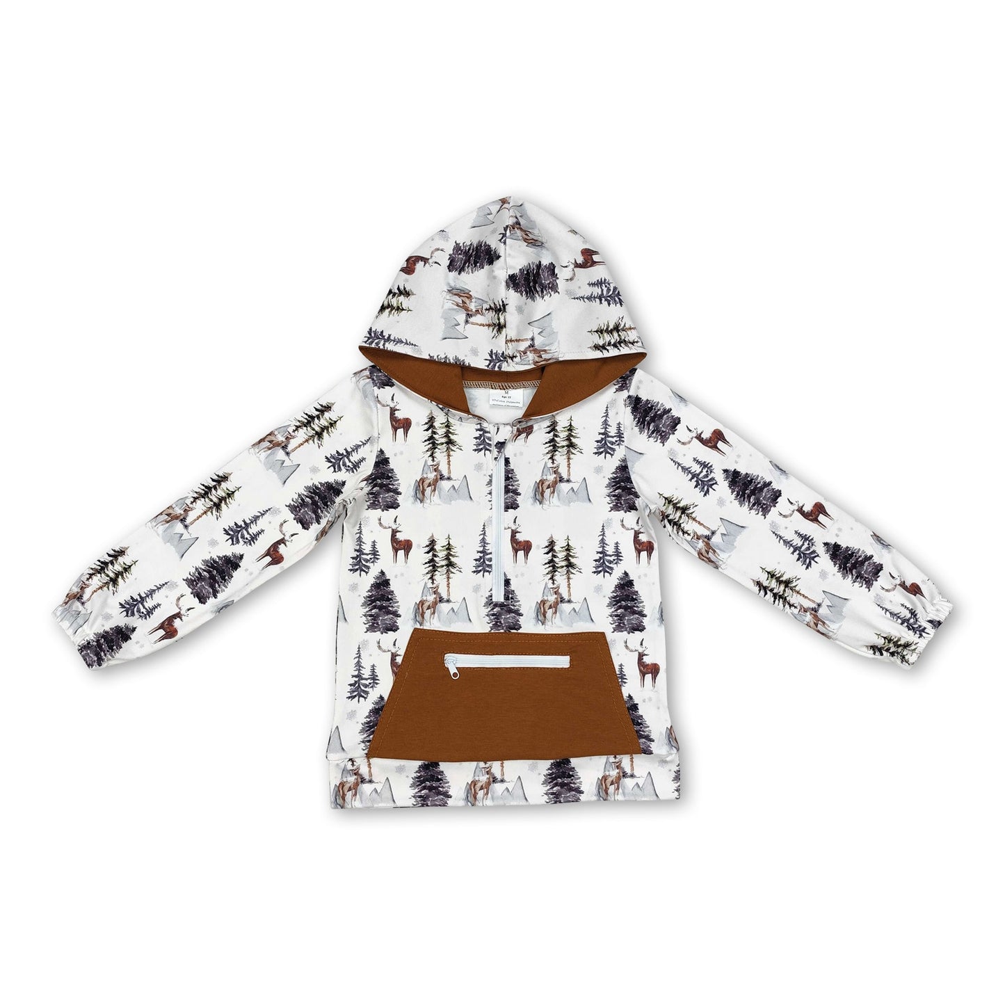 Langärmeliger brauner Jungen-Kapuzenpullover mit Reißverschluss, Hirsch- und Baumtasche
