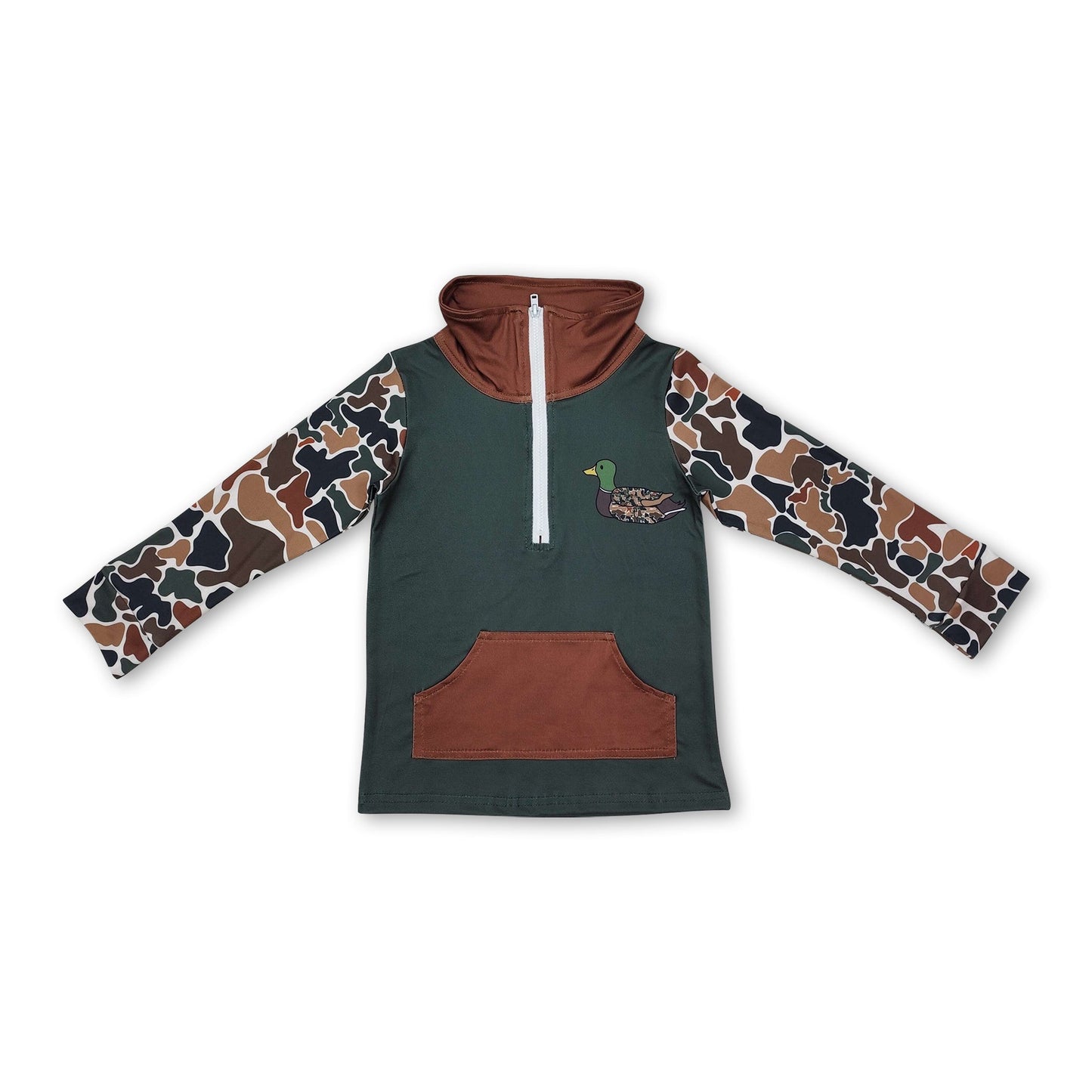 Dunkelgrüner Camouflage-Enten-Taschen-Baby-Jungen-Reißverschlusspullover