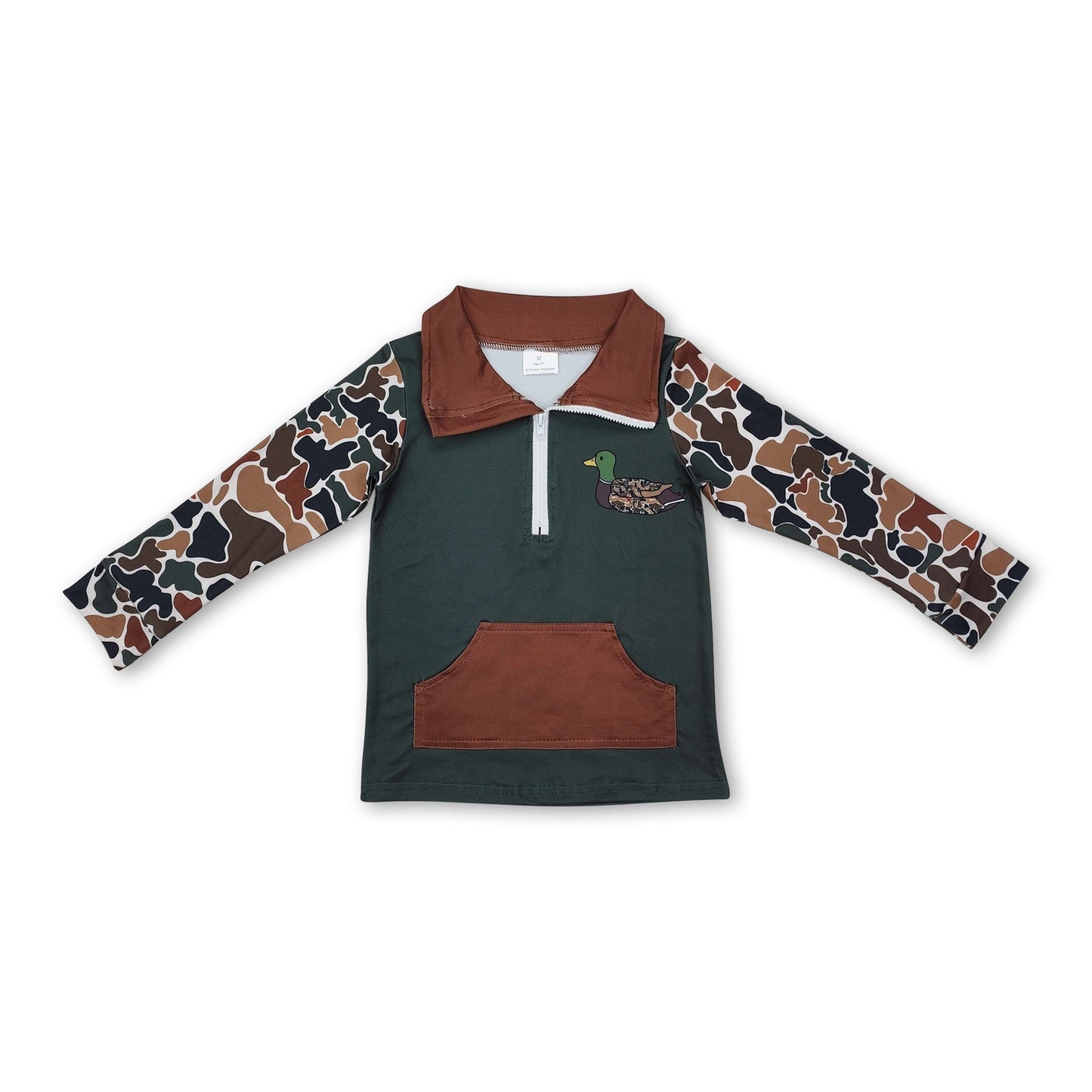 Dunkelgrüner Camouflage-Enten-Taschen-Baby-Jungen-Reißverschlusspullover