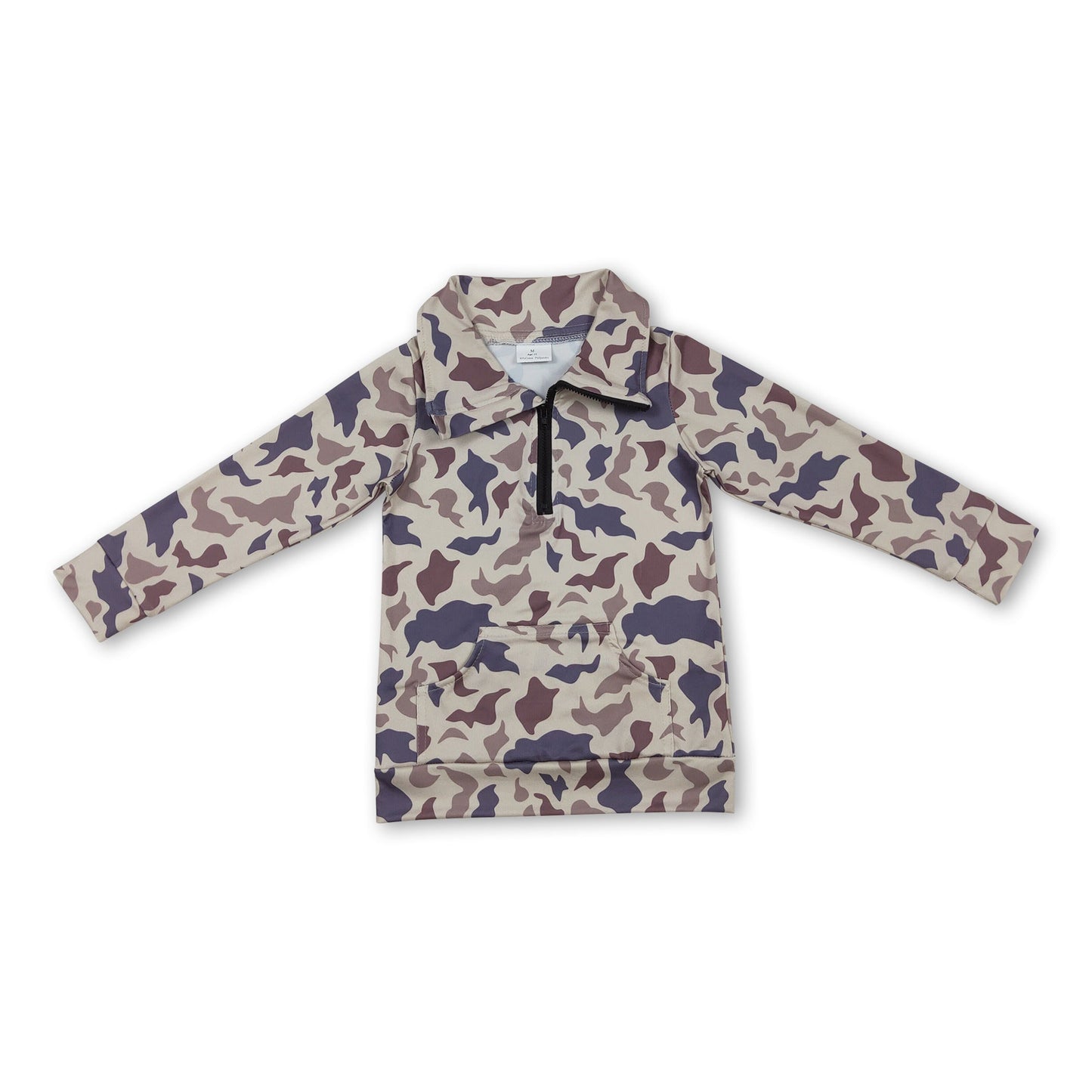 Langärmeliger Kinder-Reißverschluss-Pullover in Khaki-Camouflage mit Tasche