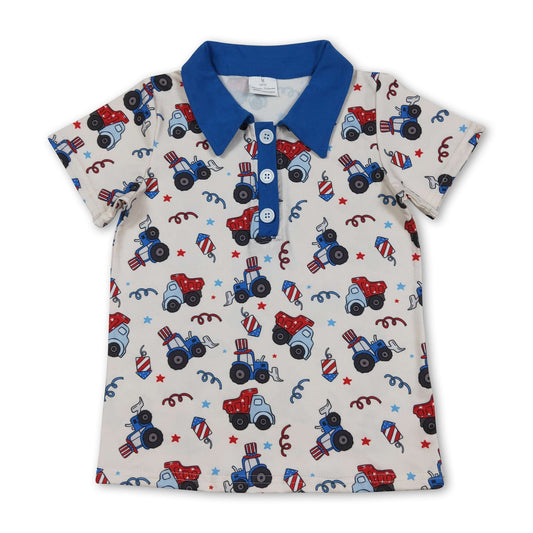 Blue short sleeves tractor kids boys 4th of july polo shirt