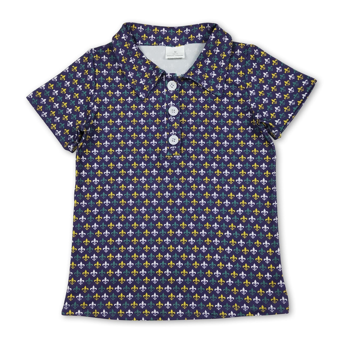 Purple green yellow short sleeves boys mardi gras polo shirt