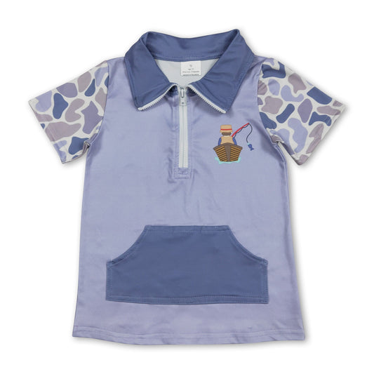 Camo short sleeves fishing pocket kids boys pullover