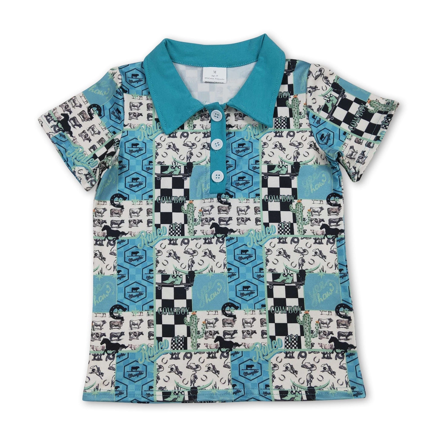 Kurzarm-Polohemd für Jungen mit Kuh-Kaktus-Motiv im Westernstil