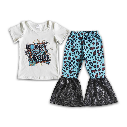 Gitarrenmusik-Shirt, Leoparden-Paillettenhose, Mädchenbekleidung