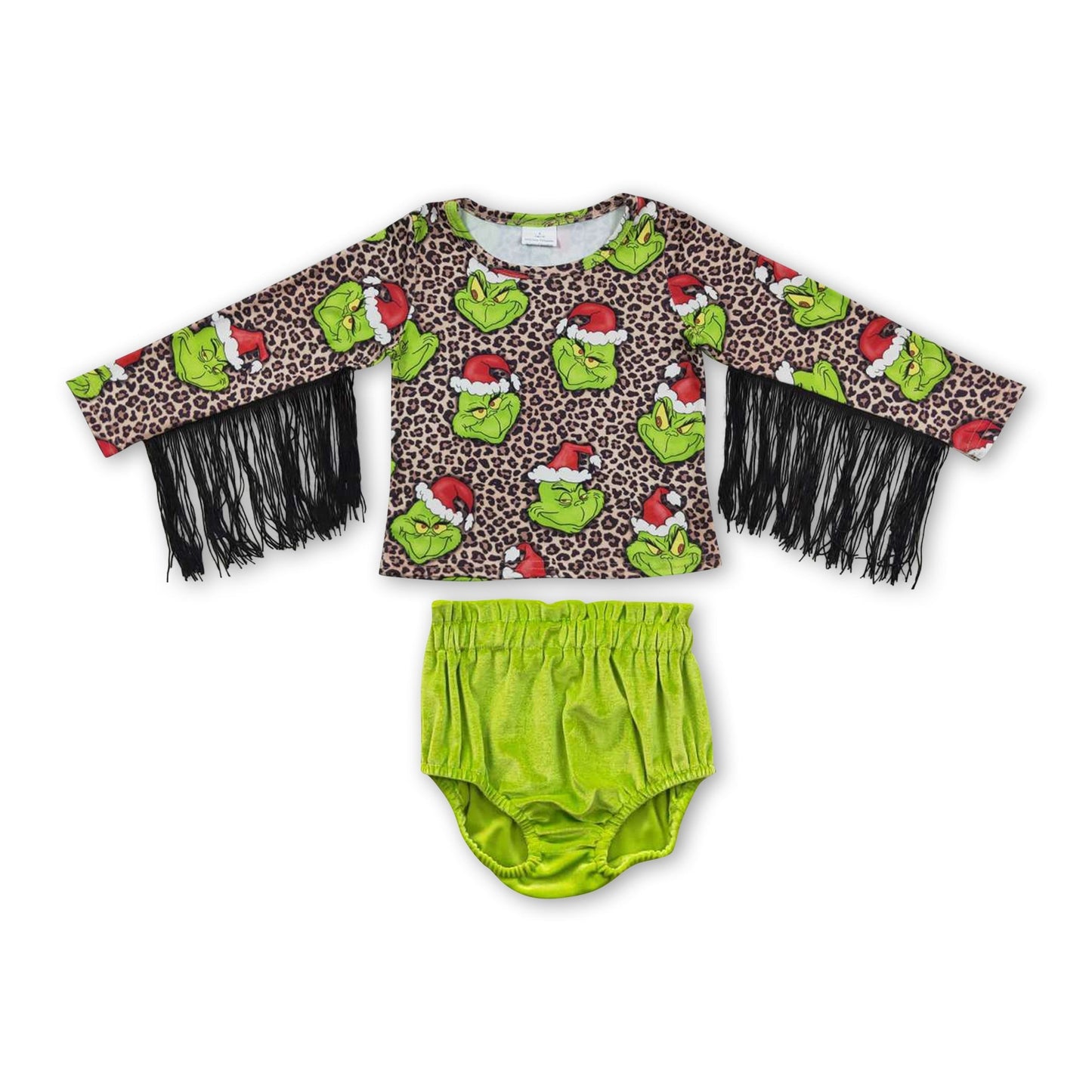 Leopardgrün, Gesicht, Quasten, Samt, Bummies, Baby-Weihnachtsoutfits