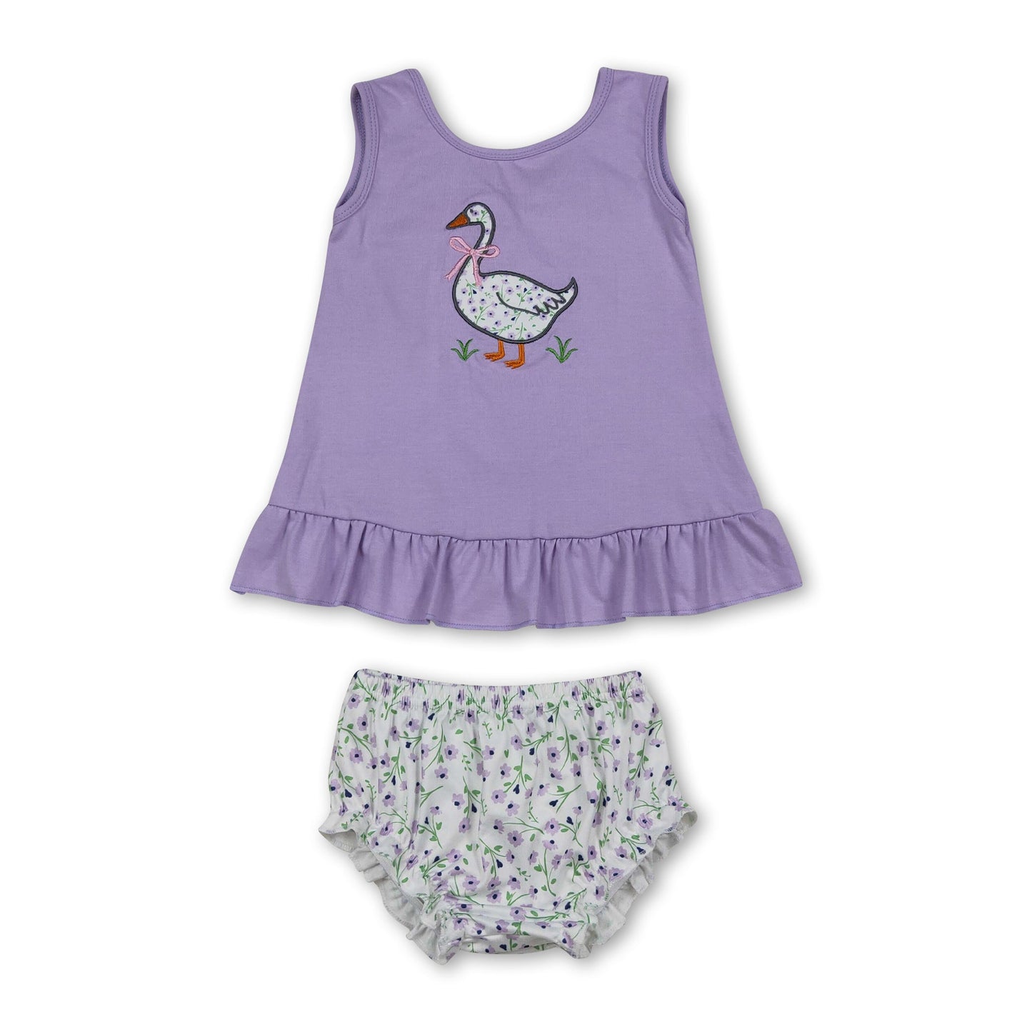 Lavendelfarbenes Blumen-Schleifen-Gans-Oberteil mit Shorts für Baby-Mädchen-Set