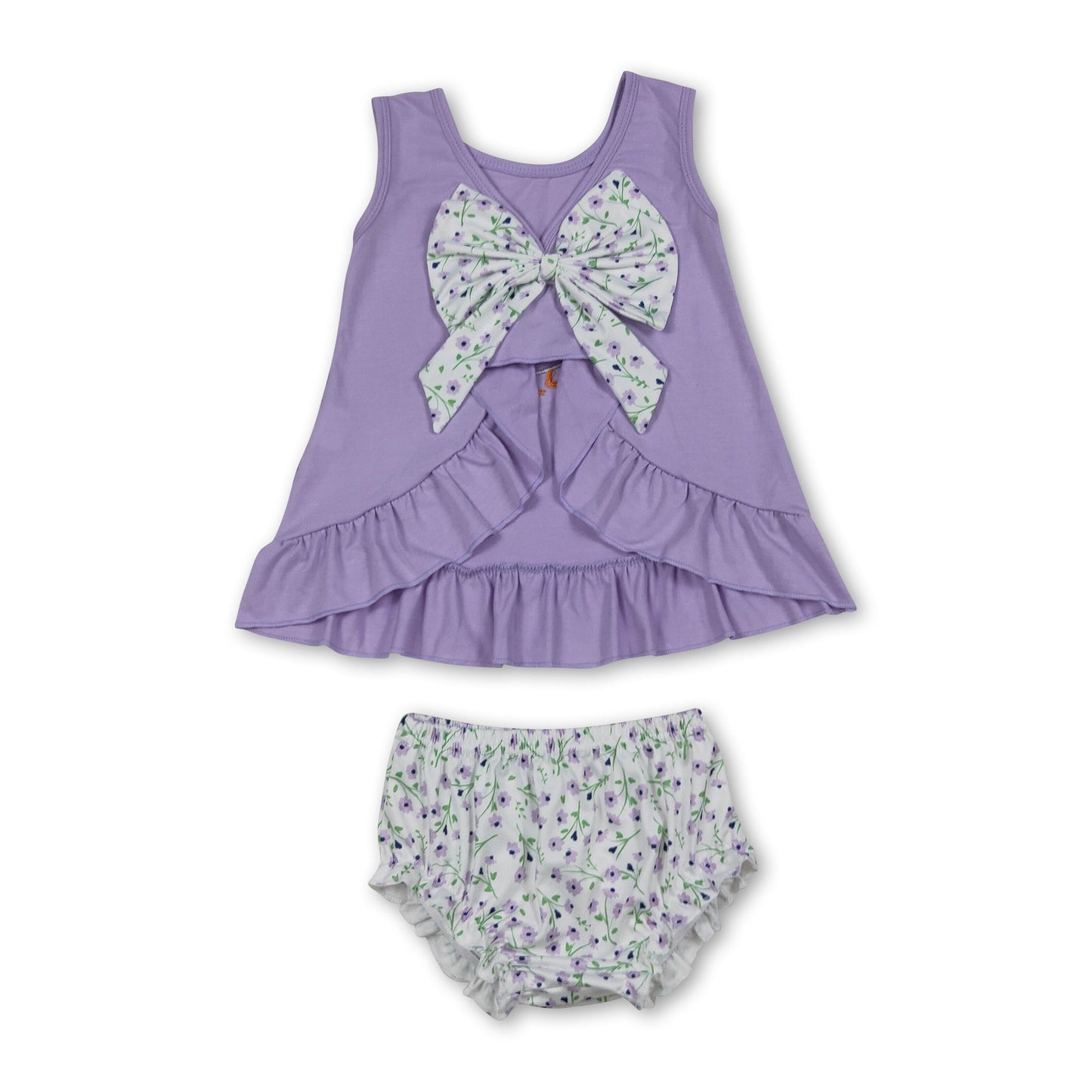 Lavendelfarbenes Blumen-Schleifen-Gans-Oberteil mit Shorts für Baby-Mädchen-Set