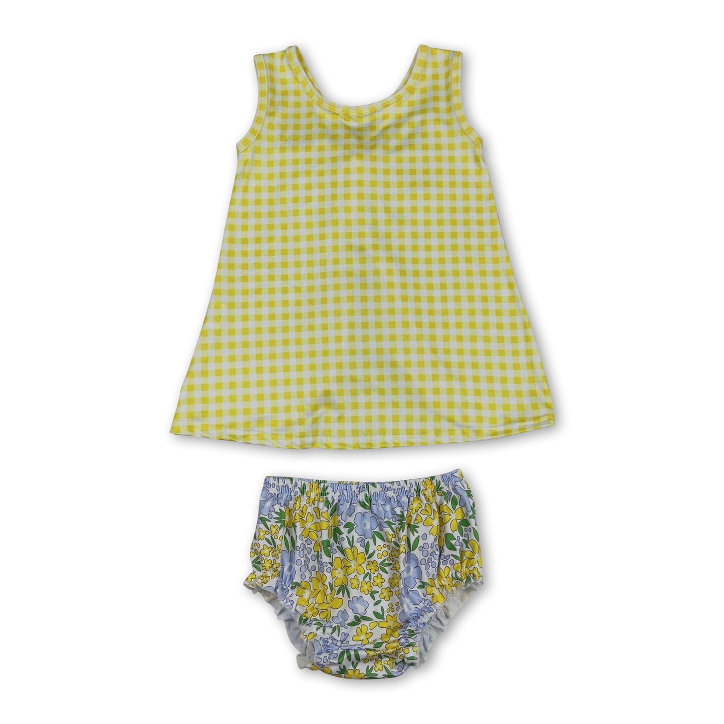 Ärmelloses gelbes kariertes Oberteil Blumen-Bummies-Set für Baby-Mädchen