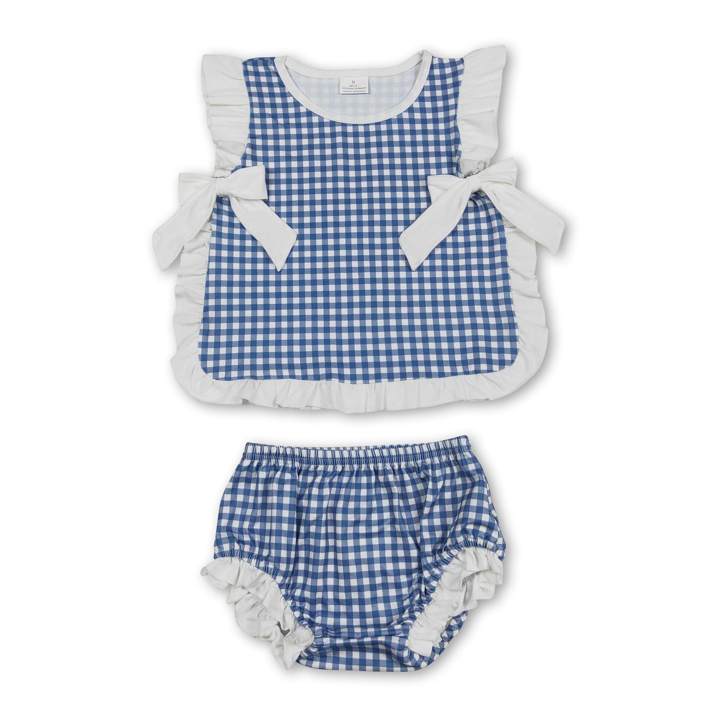Rüschenschleife blau kariertes Baby-Mädchen-Sommer-Bummies-Set