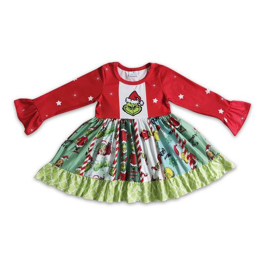 Grünes Langarm-Panel-Twirl-Babykleid für Mädchen zu Weihnachten