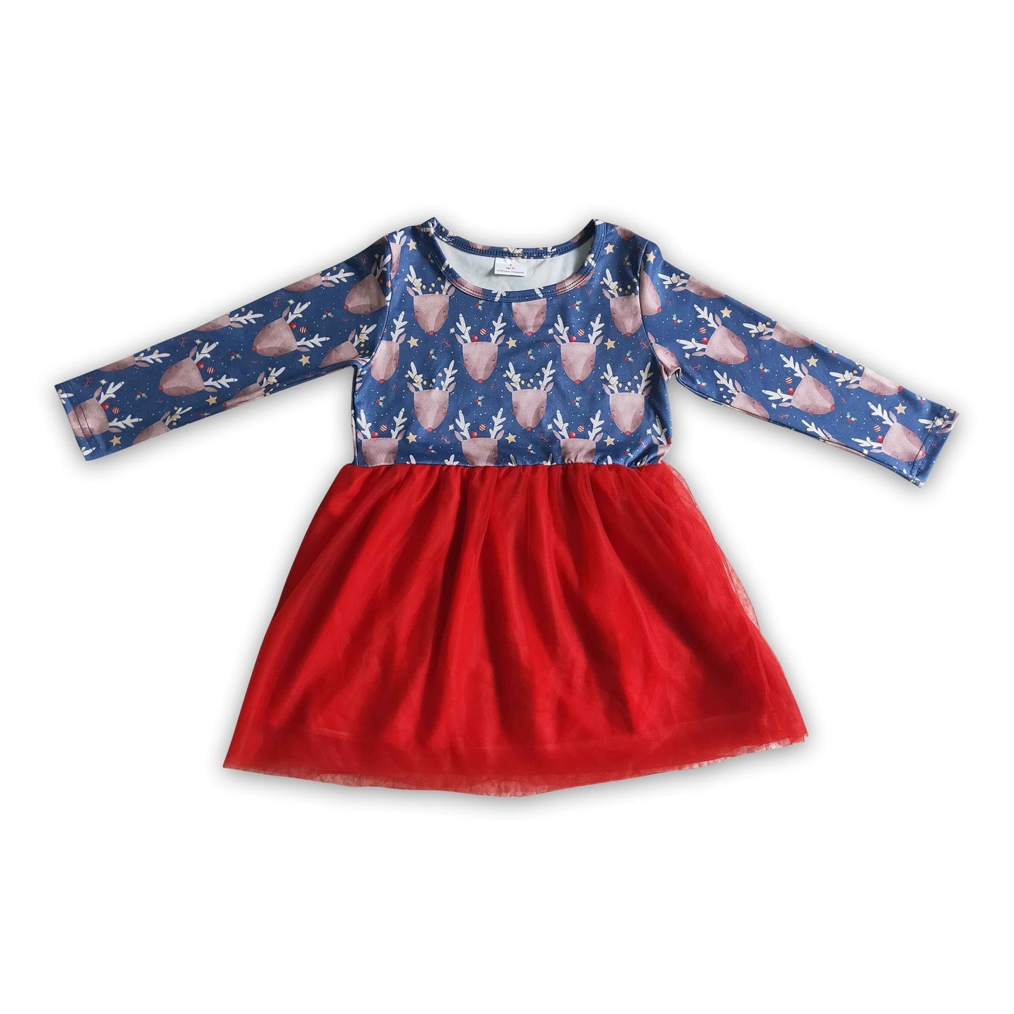 Blaue Rentiere Langarm Baby Mädchen Tüll Weihnachtskleider
