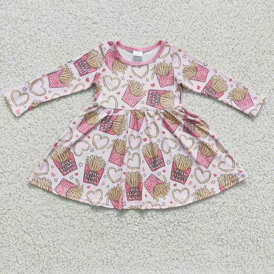 Fries heart long sleeves girls twirl Valentine's dresses