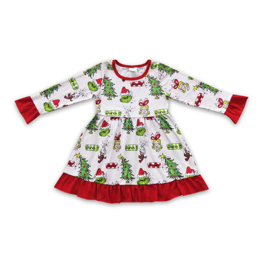 Grüne Gesichter Weihnachtsbaum Langarmkleider für Baby-Mädchen
