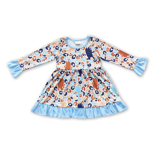 Blue dog leopard kids girls long sleeves dresses