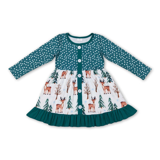 Grünes Hirsch Weihnachtsbaum Langarm-Mädchenkleid