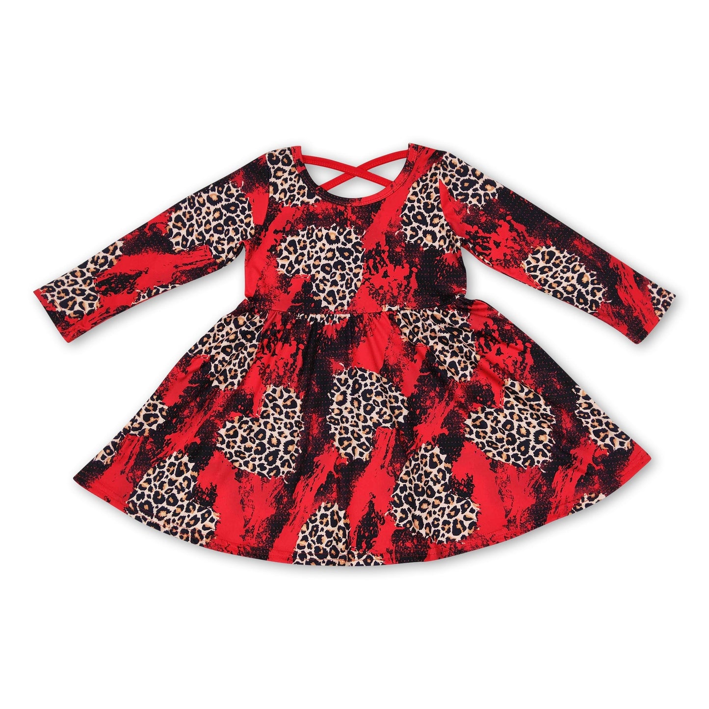 Rotes langärmliges Leopardenherz Baby Mädchen Valentinstagskleid