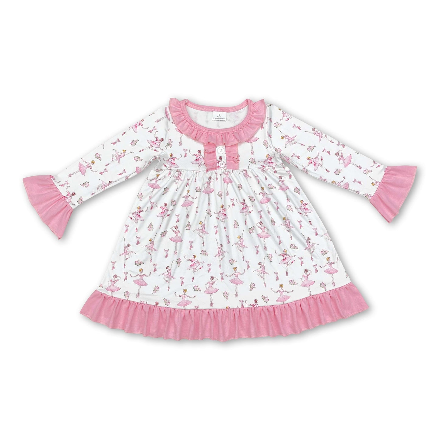 Langärmeliges pinkfarbenes Rüschen-Tanzkleid für Mädchen