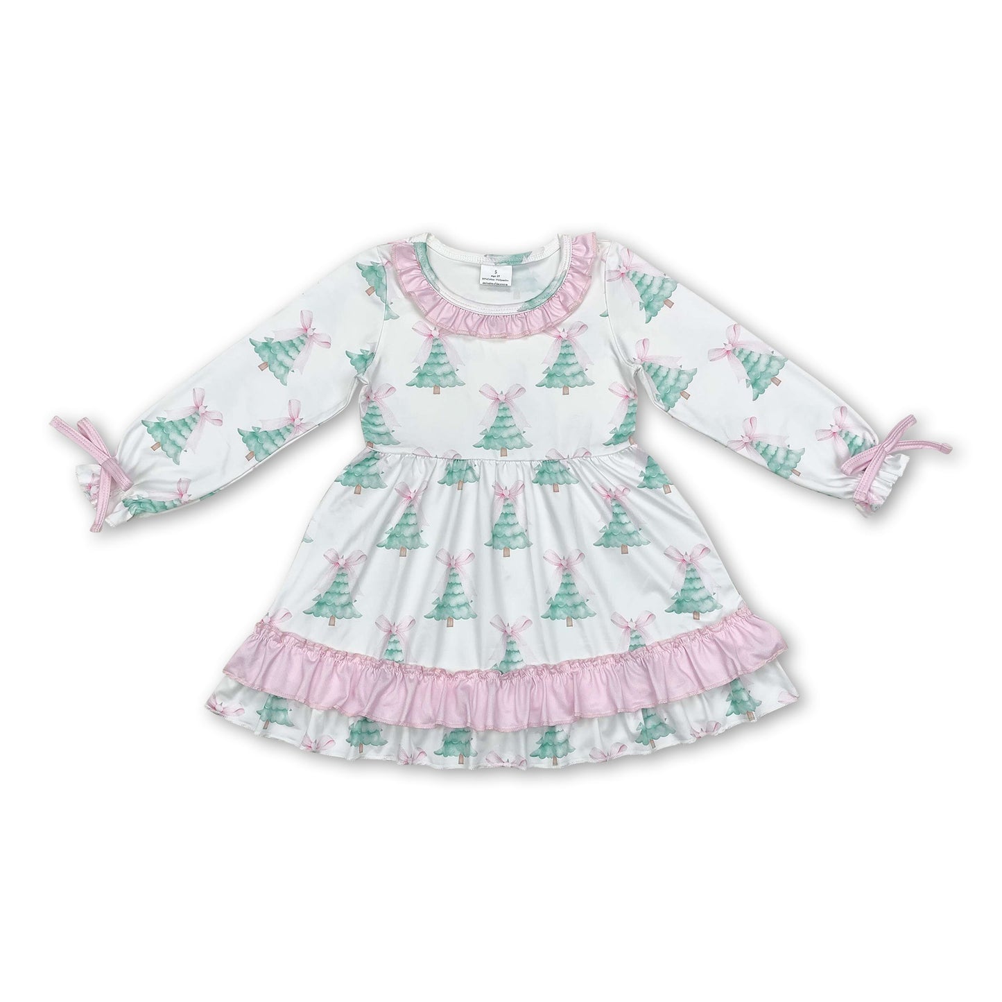 Langarm rosa Schleife Weihnachtsbaum Baby Mädchen Kleid
