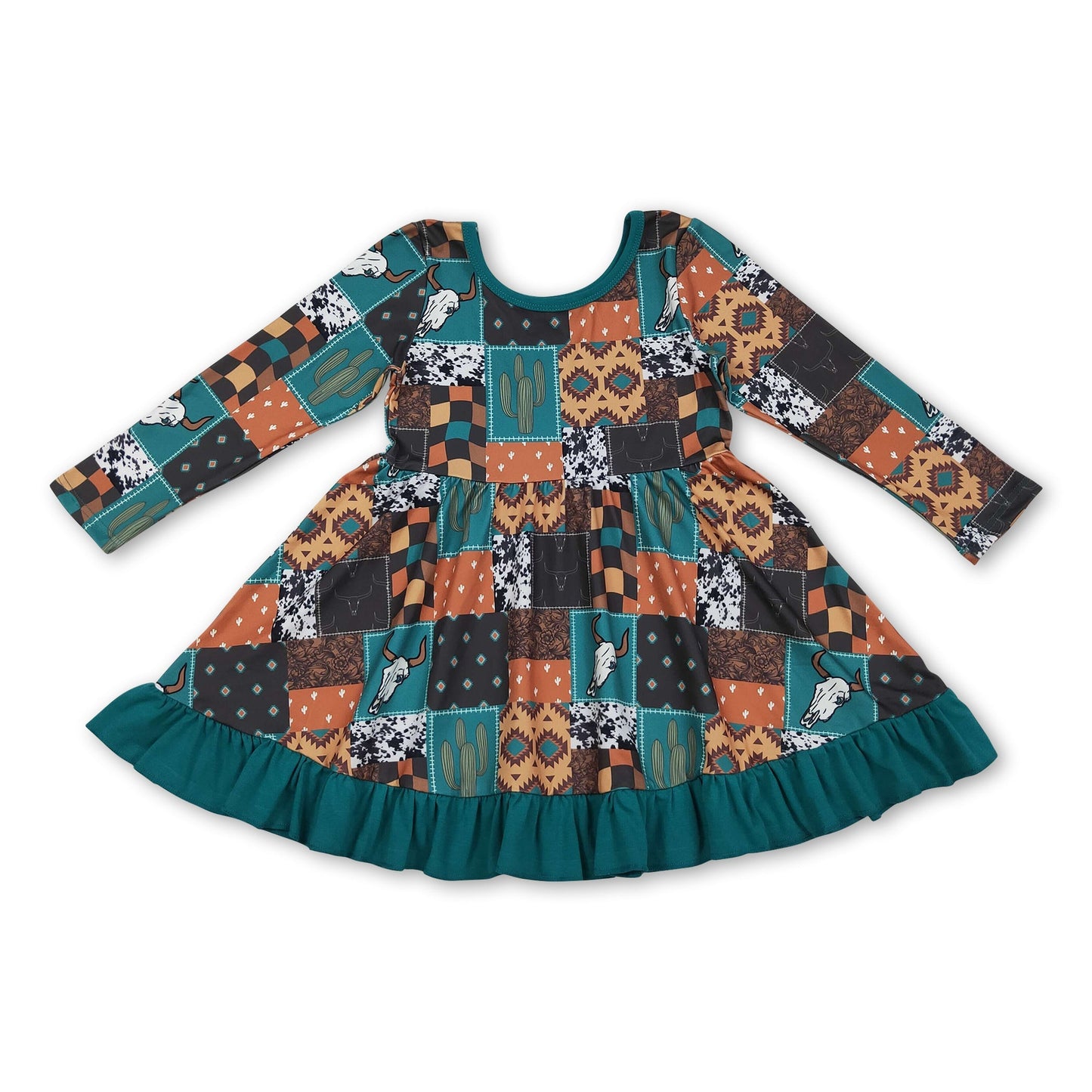 Langärmliges Westernkleid für Mädchen mit Kaktus-Stierkopf-Patchwork
