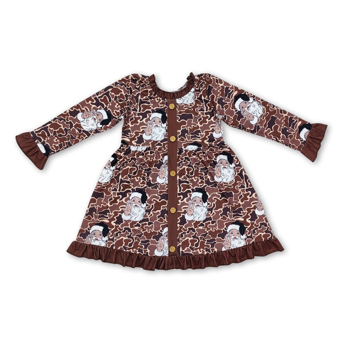 Langärmelige braune Rüschen Camo Weihnachtskleid für Mädchen