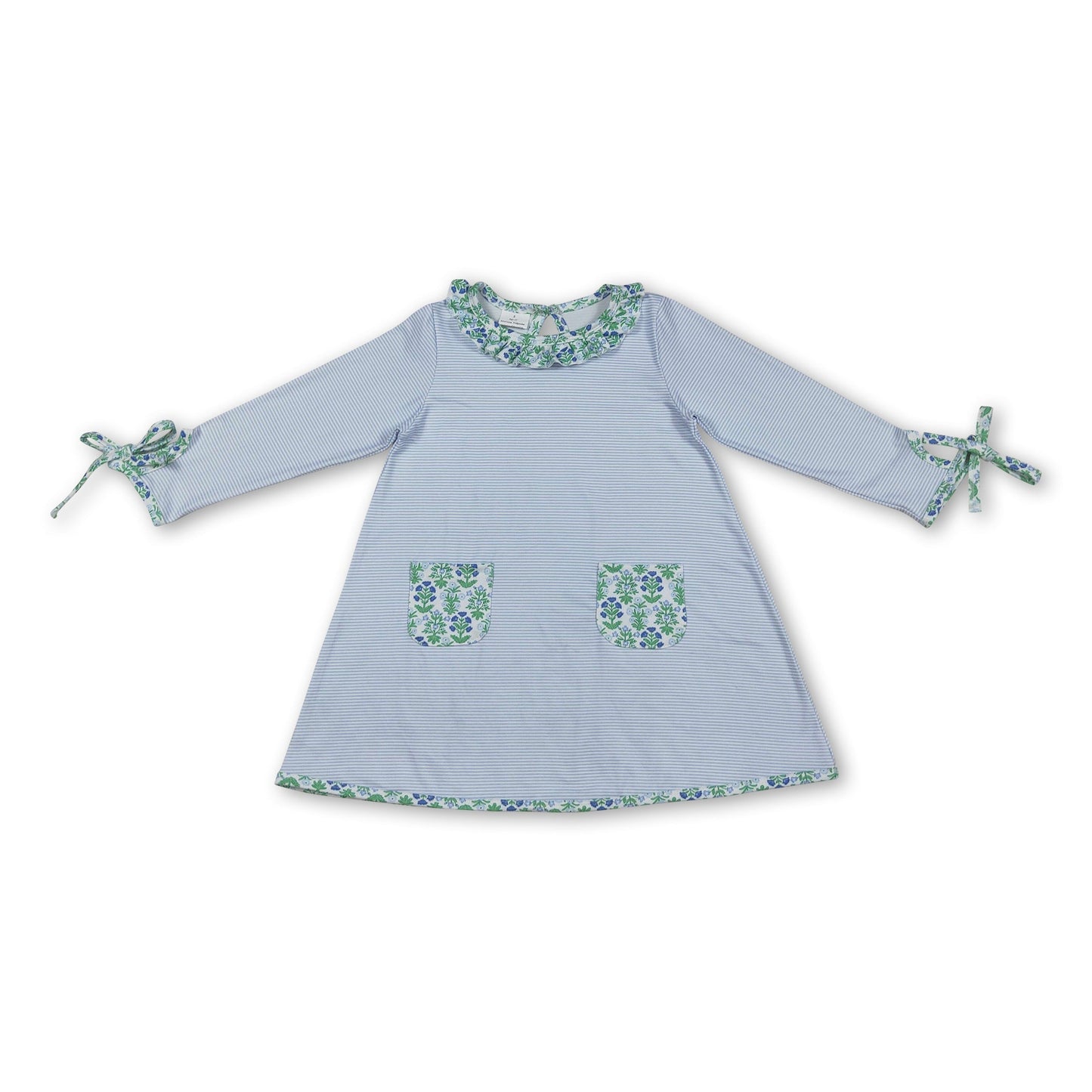 Hellblau gestreiftes Blumenmuster Taschen Babykleider für Mädchen