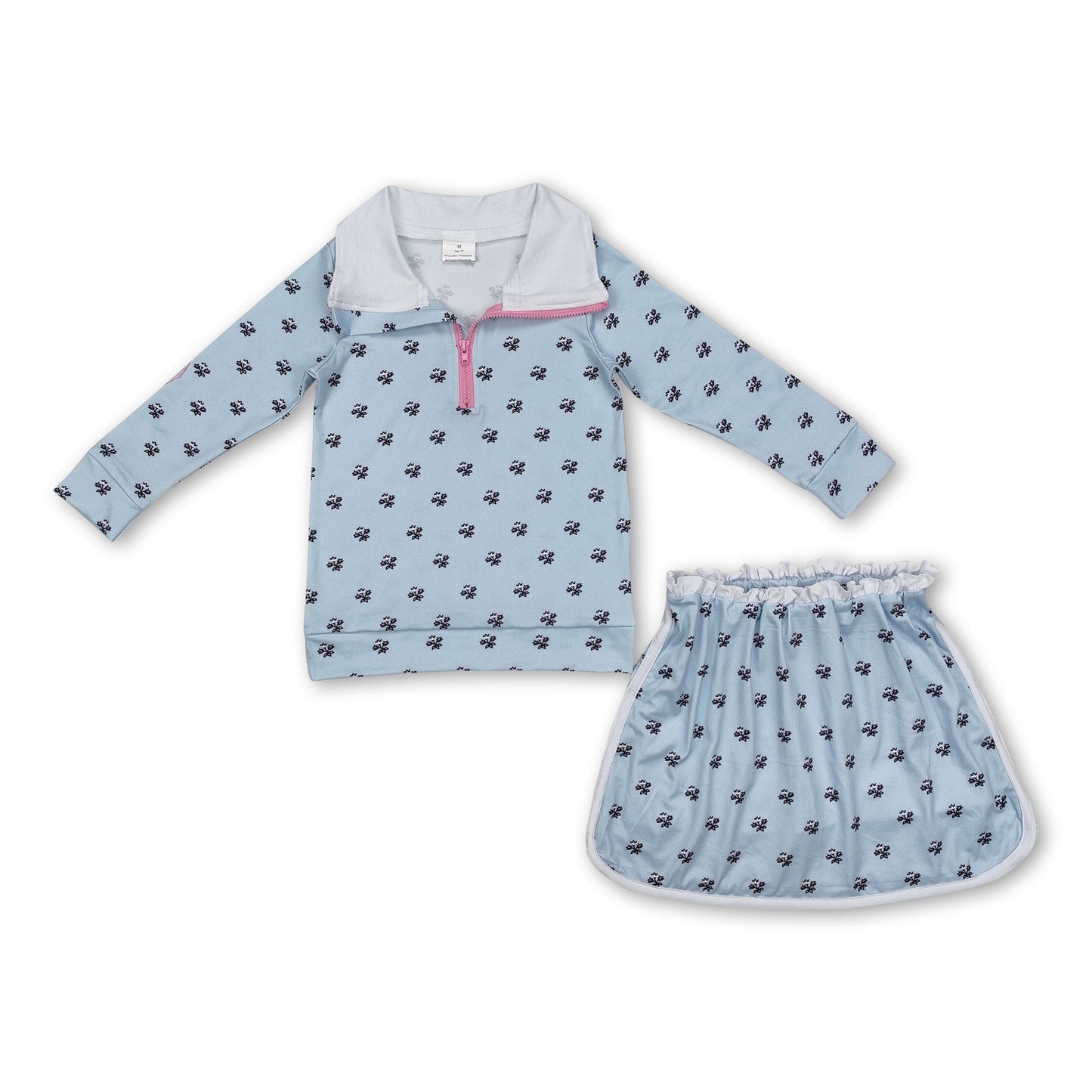 Hellblaues Blumenmuster Pullover Rock Kinder Mädchen Bekleidungsset