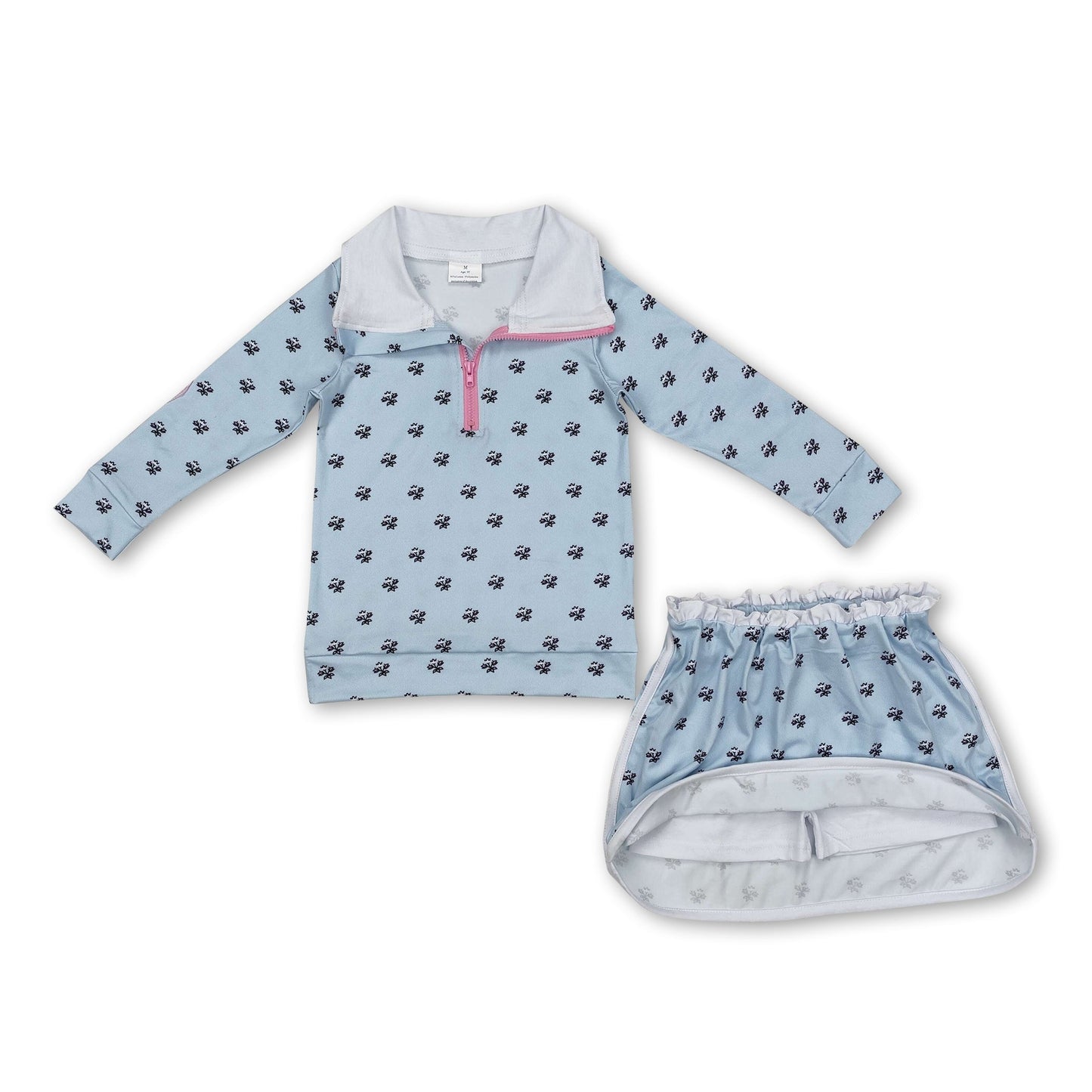 Hellblaues Blumenmuster Pullover Rock Kinder Mädchen Bekleidungsset