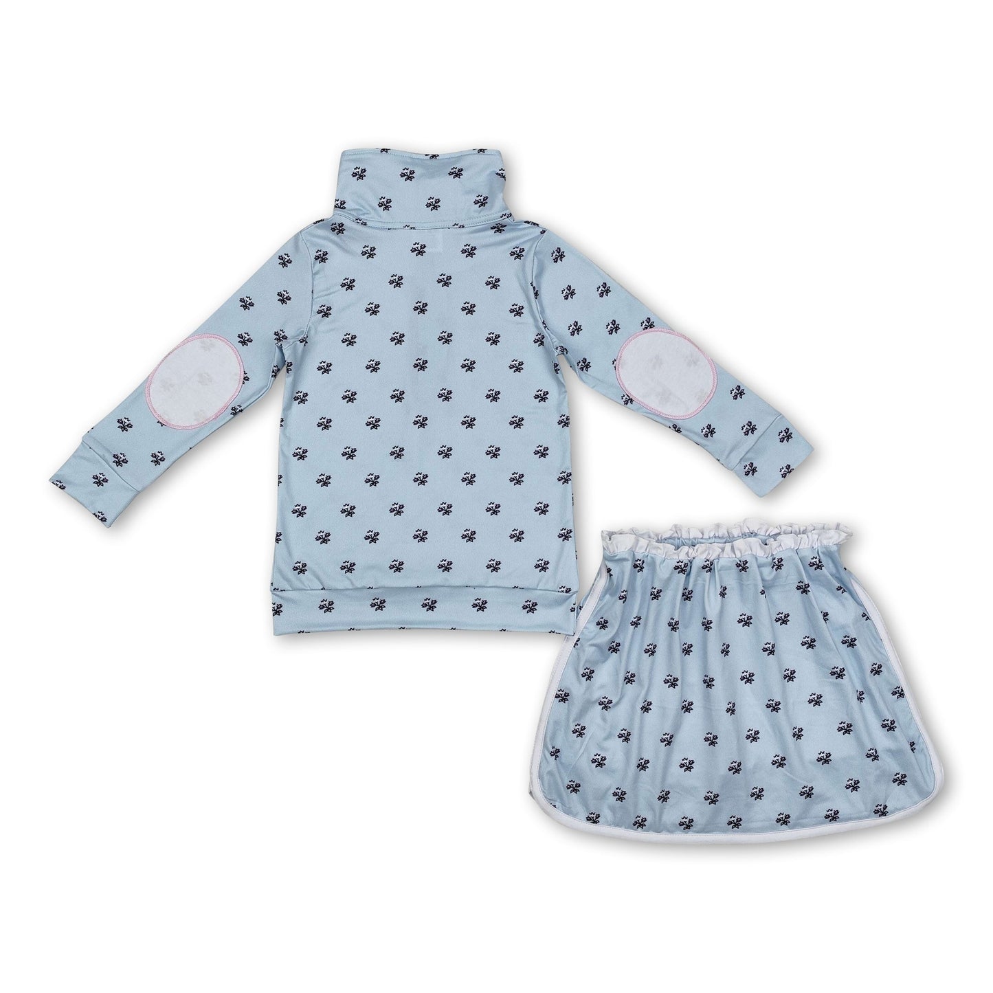 Hellblaues Blumenmuster Pullover Rock Kinder Mädchen Bekleidungsset