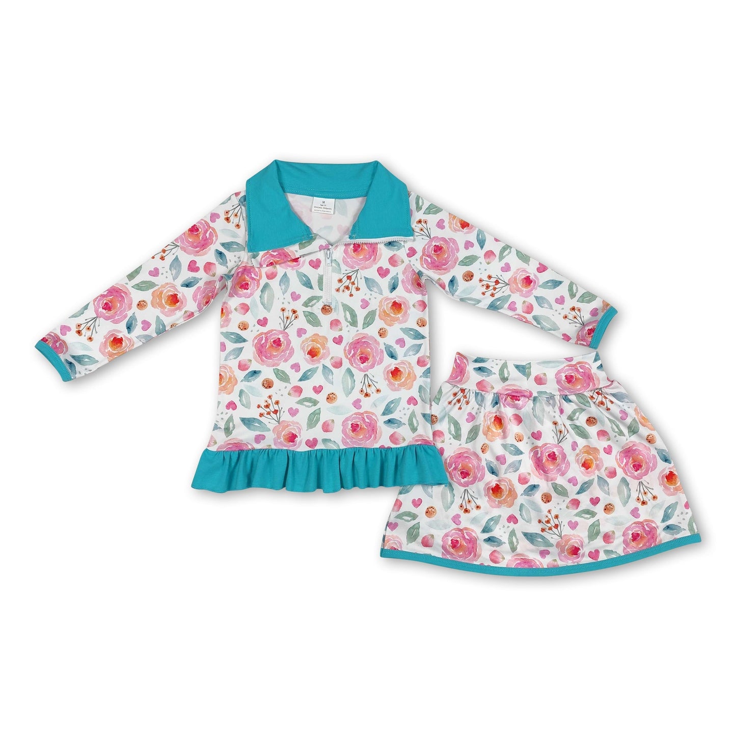 Aqua Rüschen Blumen Pullover Rock Kinder Mädchen Kleider Set