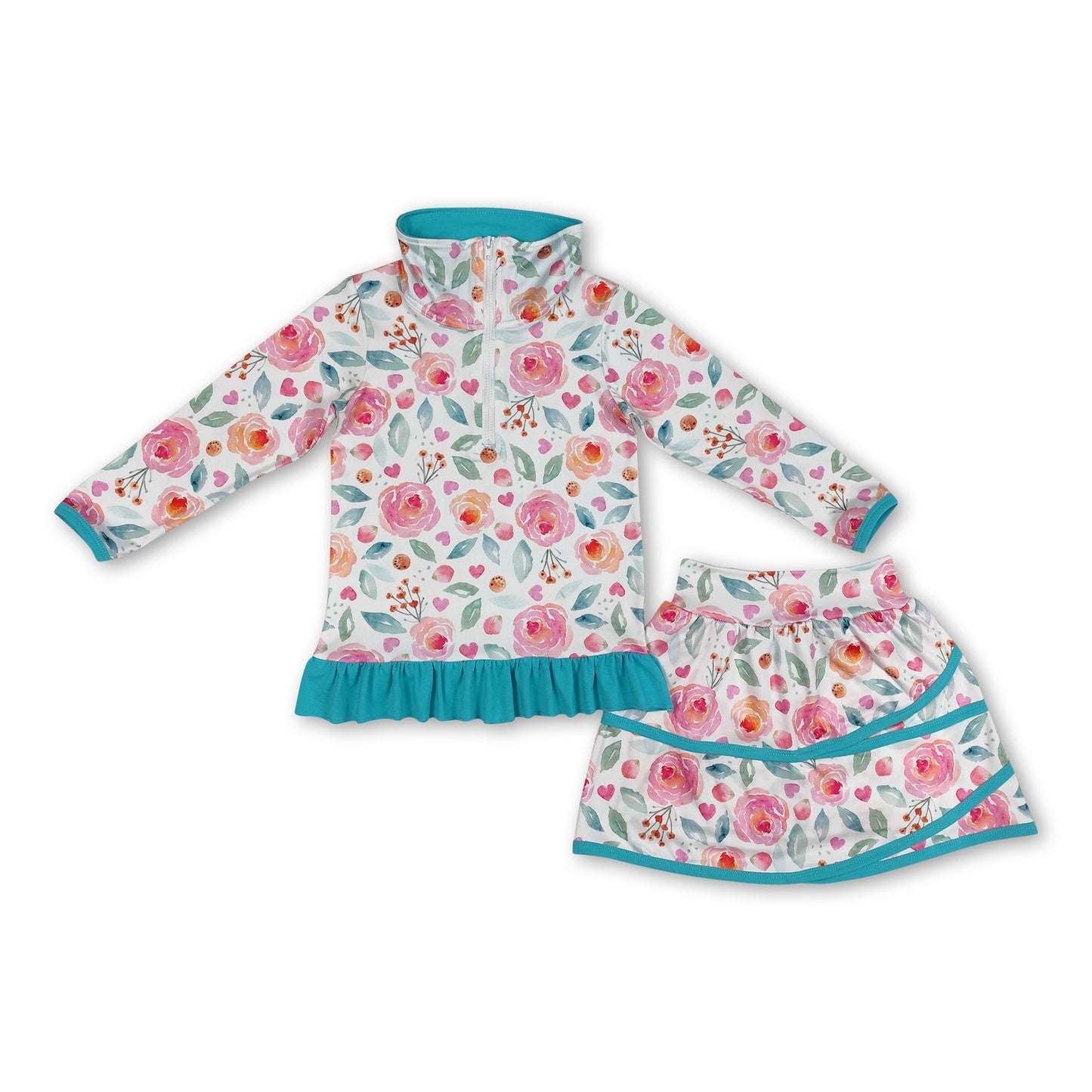 Aqua Rüschen Blumen Pullover Rock Kinder Mädchen Kleider Set