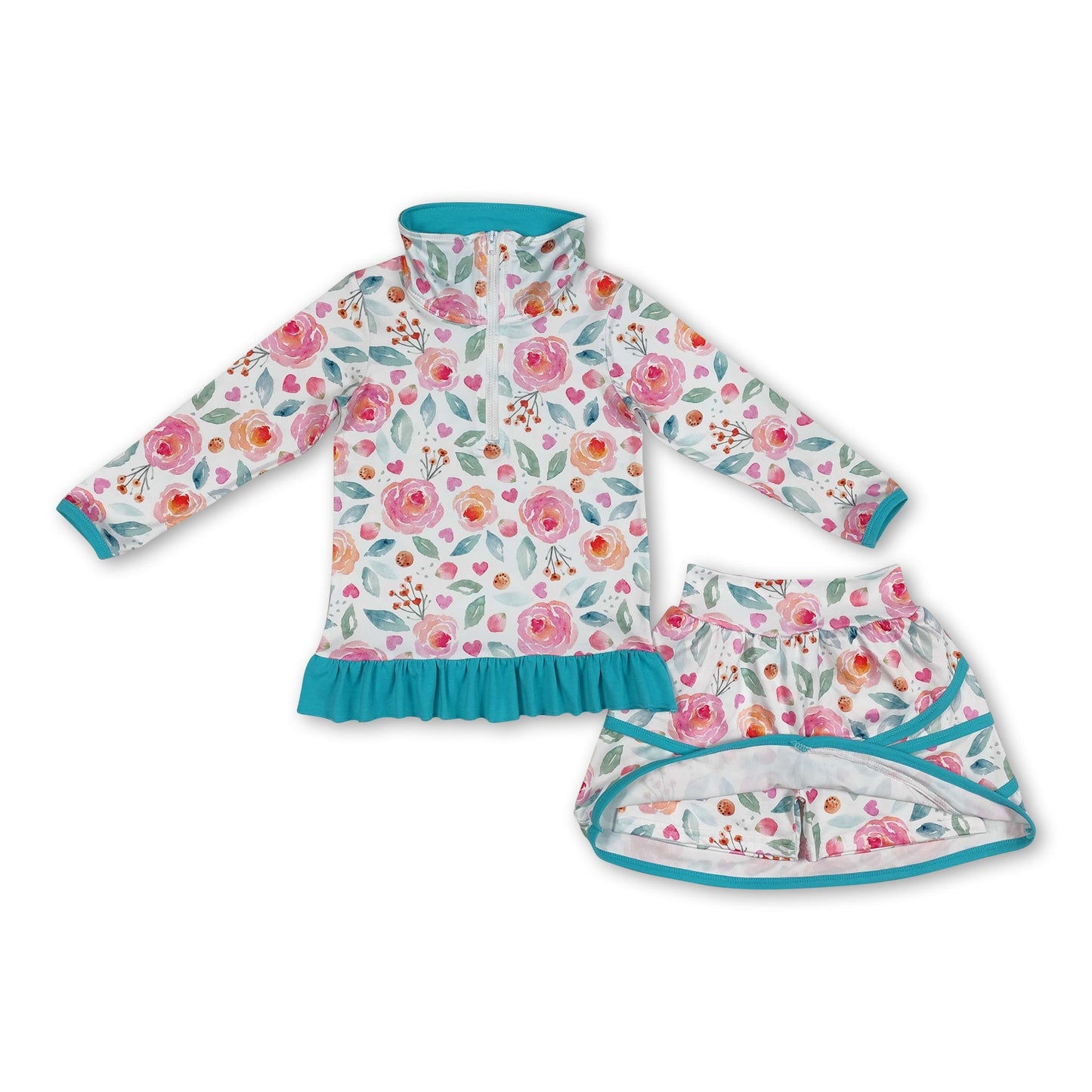 Aqua Rüschen Blumen Pullover Rock Kinder Mädchen Kleider Set
