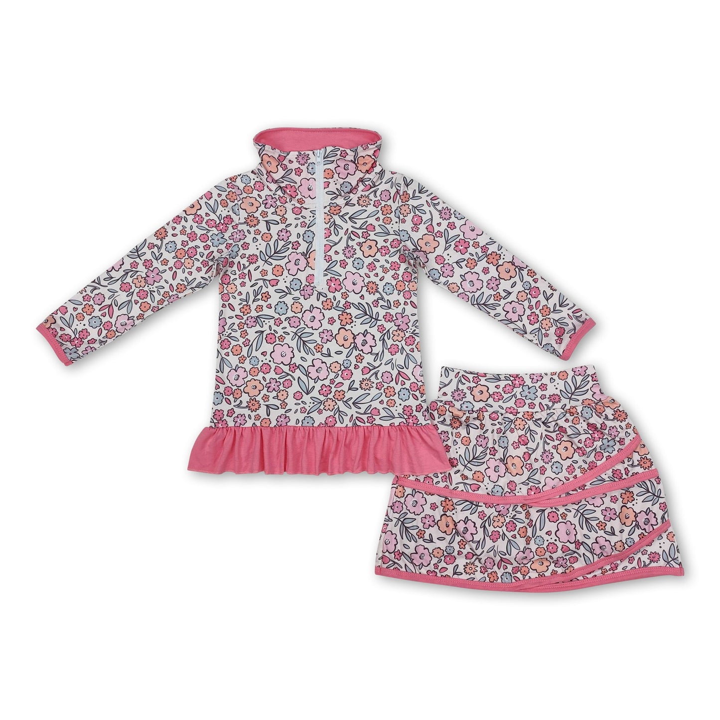Rosa Rüschen Blumen Pullover Rock Kinder Mädchen Kleider Set