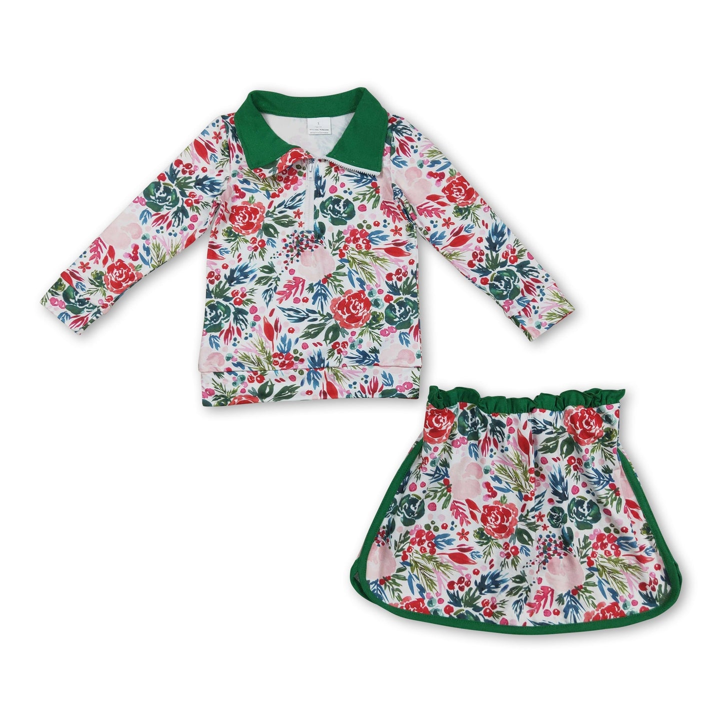 Langarm grünes Blumenmuster Pullover Rock Mädchen Kleidung Set