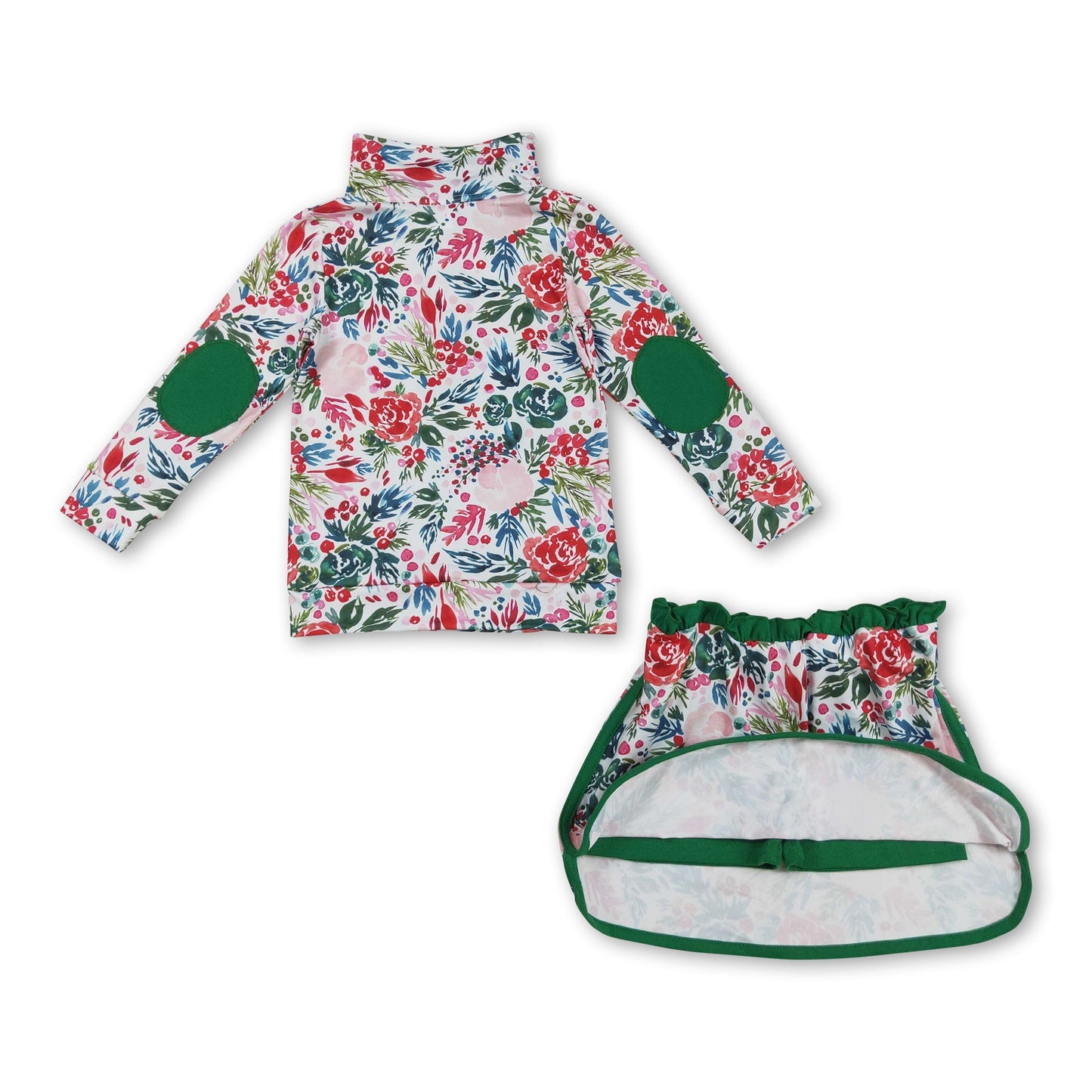 Langarm grünes Blumenmuster Pullover Rock Mädchen Kleidung Set