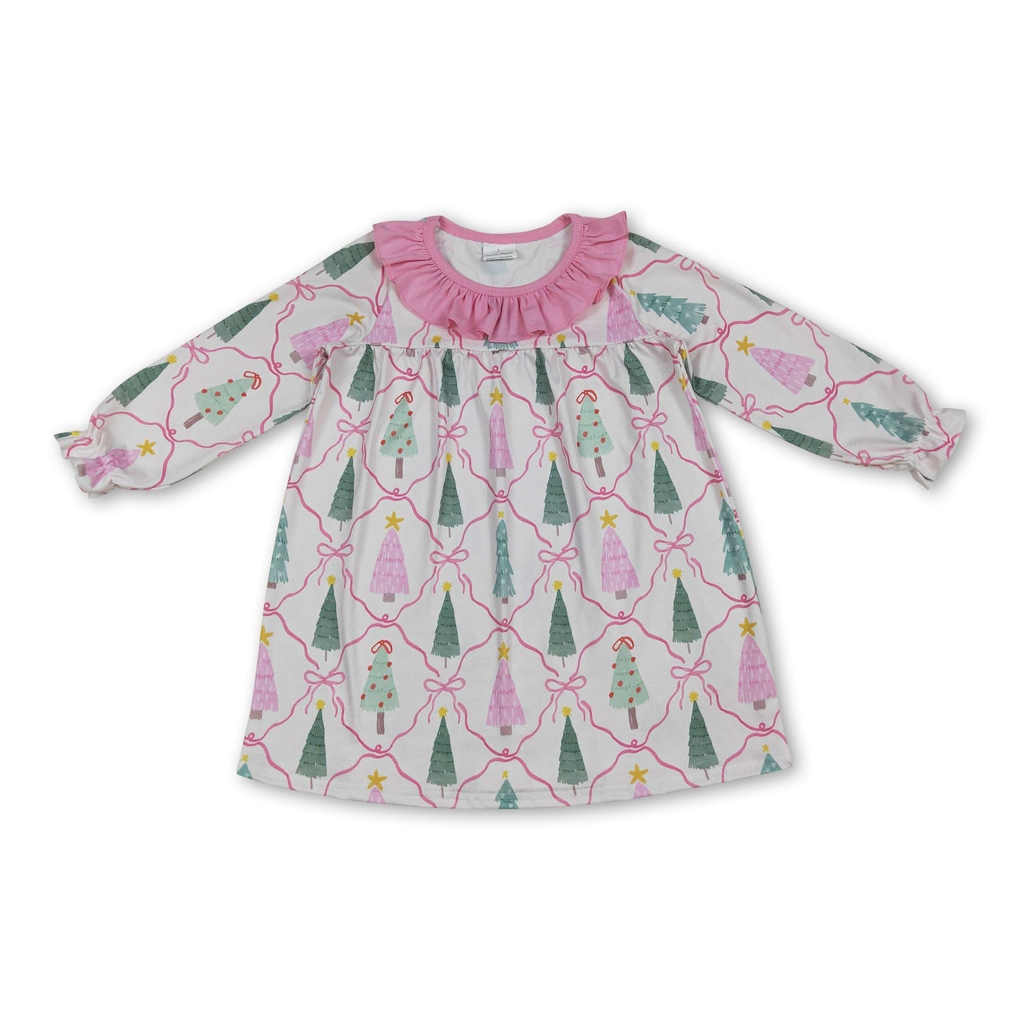 Rosa Rüschen Langarm Weihnachtsbäume Schleife Mädchenkleid