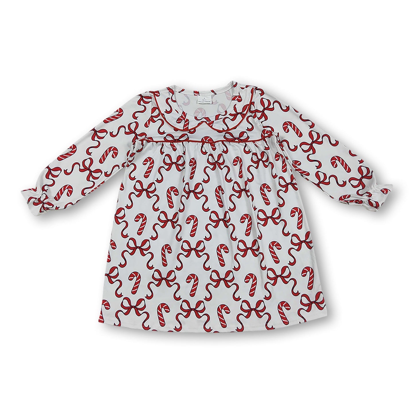 Long sleeves red bow candy cane girls Christmas dresses