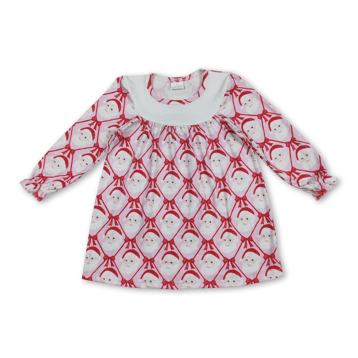 Pink long sleeves santa bow kids girls Christmas dresses